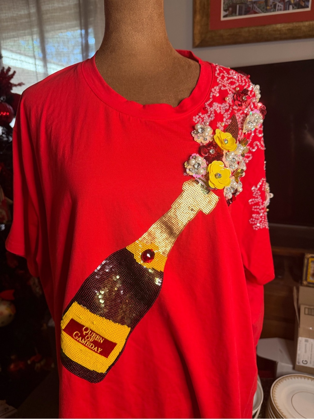 QUEEN OF SPARKLES Red Short Sleeve Sequin Champagne Tee with Yellow Accents